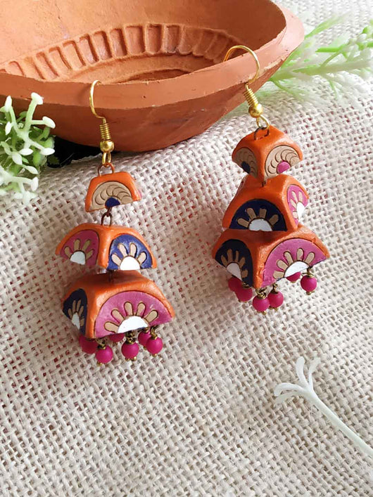 Three Layered Terracotta Jhumka Earrings for Women
