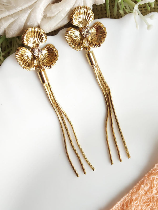 Gold Toned Stone-Studded Floral Drop Earrings for Girls