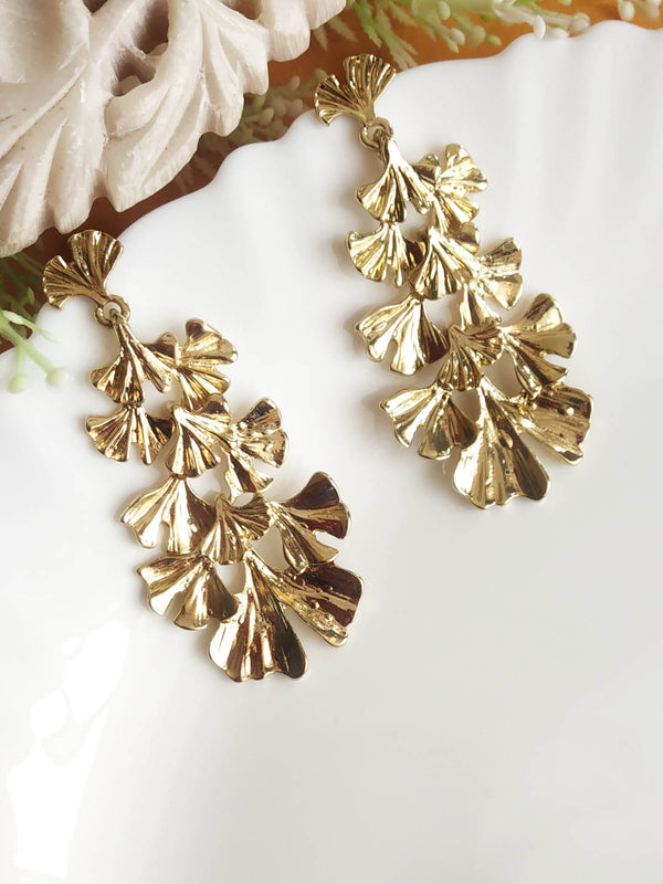 Gold Toned Petal Textured Statement Earrings