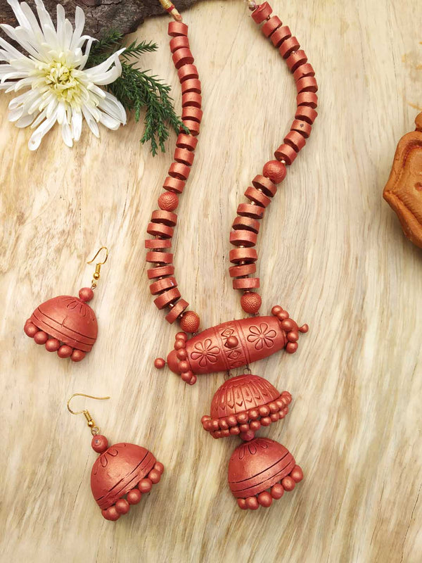 Handcrafted Terracotta  Jewellery Set With Jhumka Style Pendant