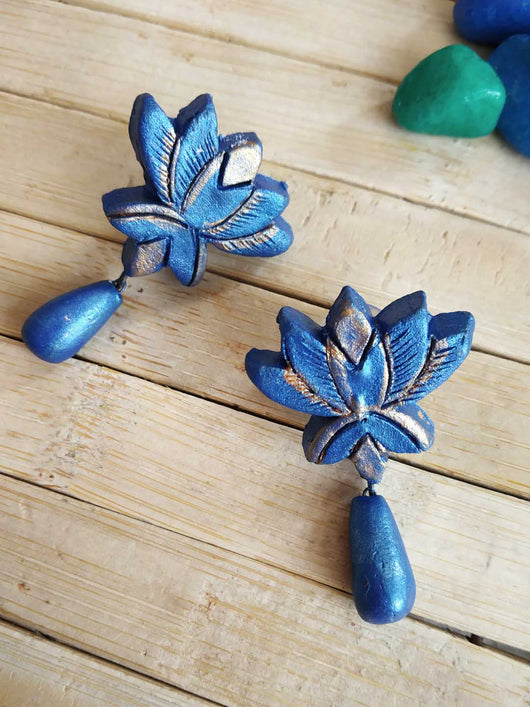 Beautifully Crafted Lotus Motif Terracotta Stud Earrings