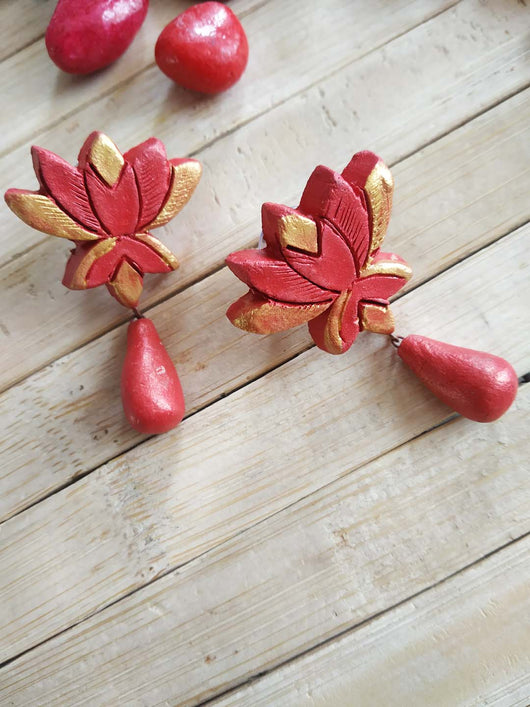 Beautifully Crafted Lotus Motif Terracotta Stud Earrings