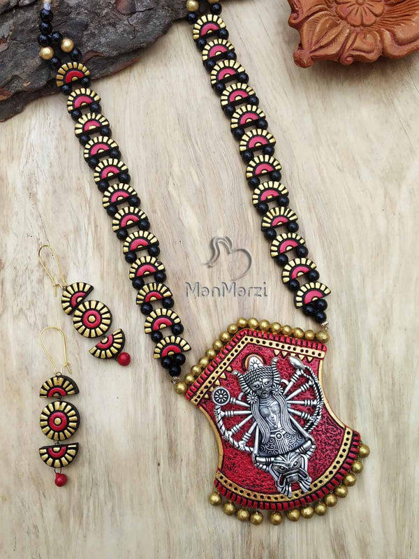 Exclusive Oxidise Maa Durga On Terracotta Base Jewellery Set