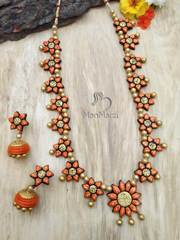 Exclusive Handcrafted Floral Long Terracotta  Jewellery Set