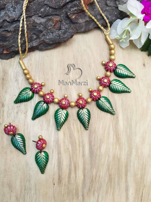 Exclusive Handcrafted  Flower & Leaf Terracotta  Jewellery Set