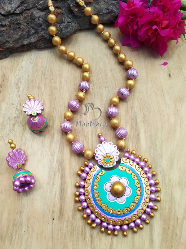 Beautifully Crafted  Pink & Golden Classic Terracotta  Jewellery Set
