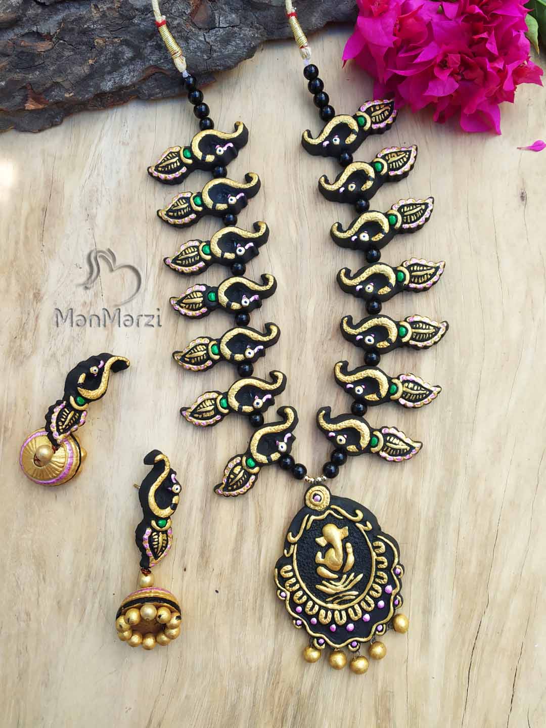 Exclusive Handcrafted  Black & Golden Ganesh Pendant with Peacock Motif Terracotta Jewellery Set