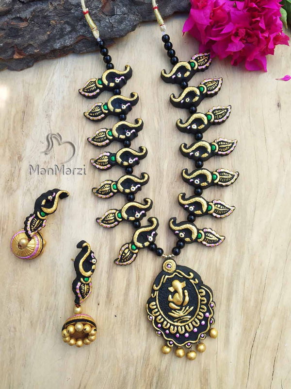Exclusive Handcrafted  Black & Golden Ganesh Pendant with Peacock Motif Terracotta Jewellery Set