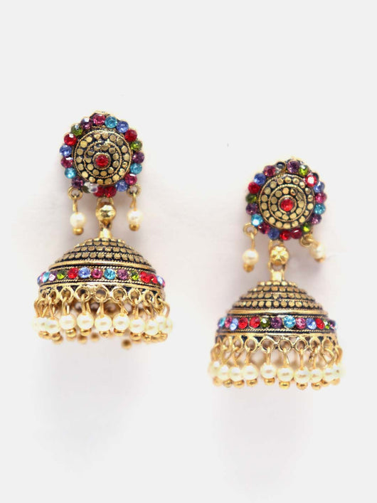 Gold Toned Multicolour Stone Embedded Jhumka Earring - ManMarzi