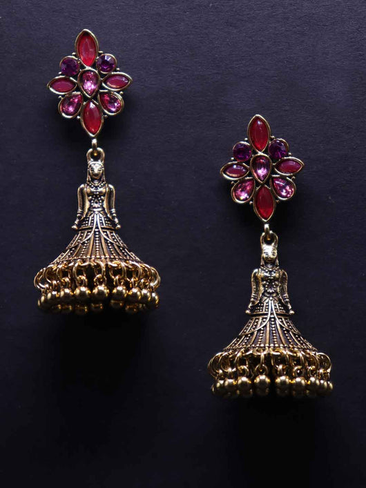 Gold Toned Stone Embedded  Jhumka Earrings
