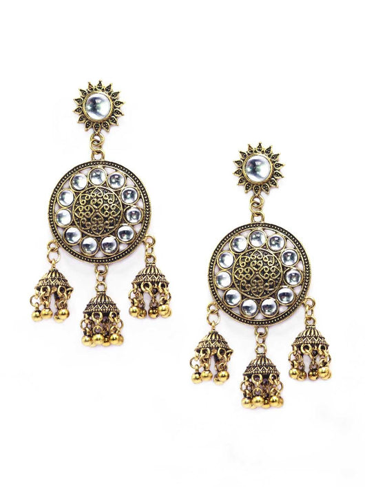 Adorable Golden Toned Stone Studded Drop Jhumka Earrings